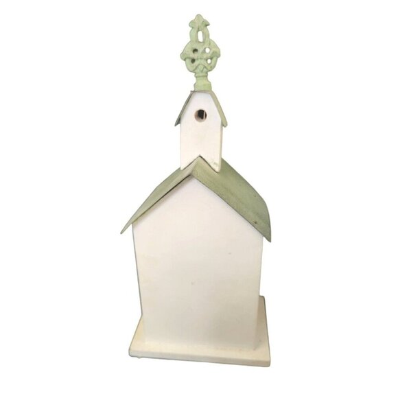 Charming Decorative Wooden Birdhouse With Distressed White & Green Finish Embell - Picture 5 of 7